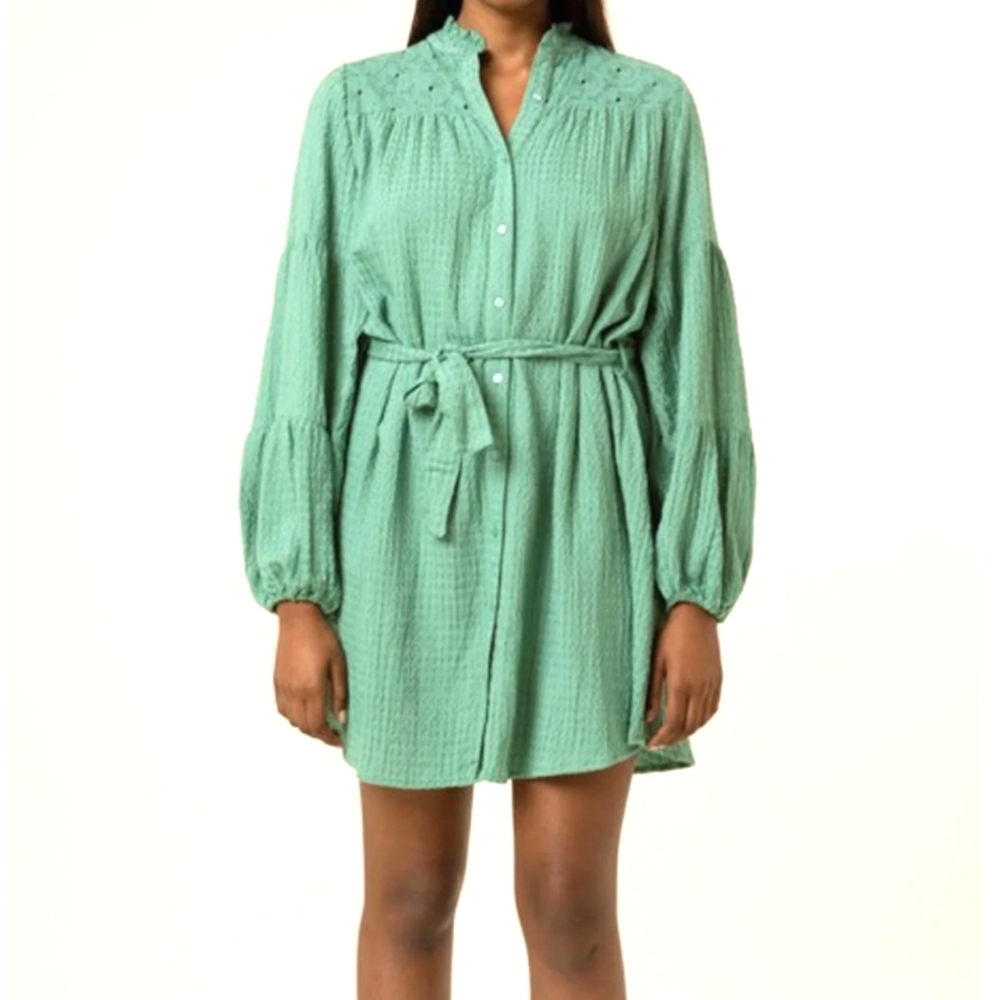 FRNCH Sharon Green Eyelet Long Sleeve Dress